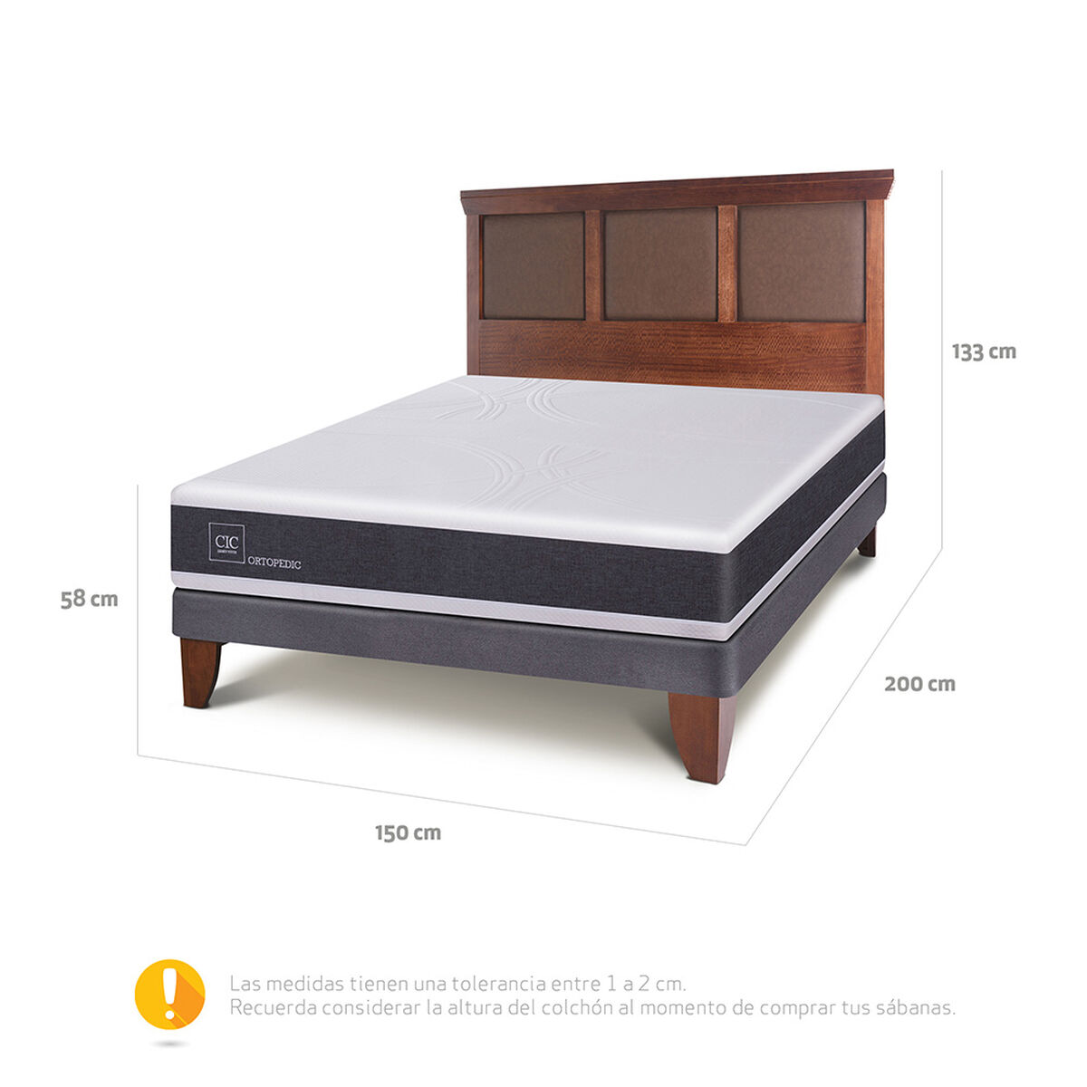 Cama Europea CIC 2 Plazas New Ortopedic + Respaldo New Torino Caramelo
