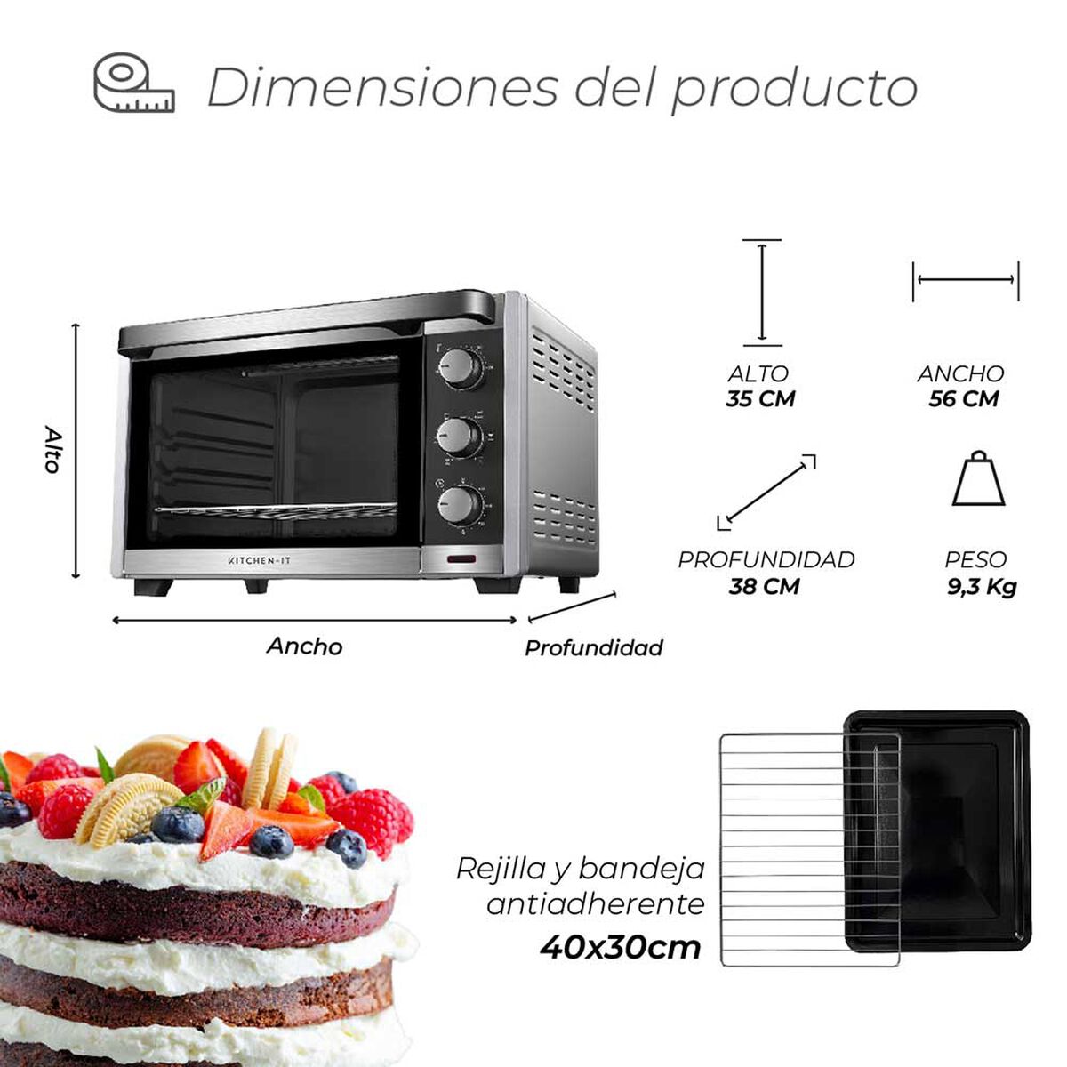 Horno El&eacute;ctrico Kitchen-It Silver Series 45 lts.