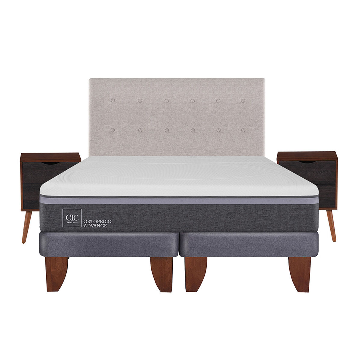 Cama Europea CIC Base Dividida 2 Plazas Ortopedic Advance + Respaldo + 2 Veladores Tigris