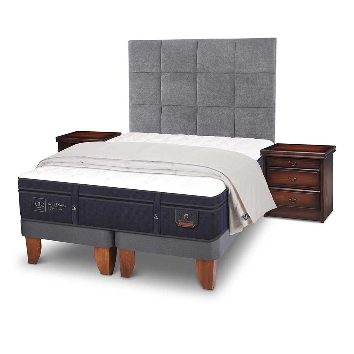Cama Europea CIC Base Dividida S&uacute;per King S&uacute;per Premium + Respaldo + Veladores + Plum&oacute;n Ganso