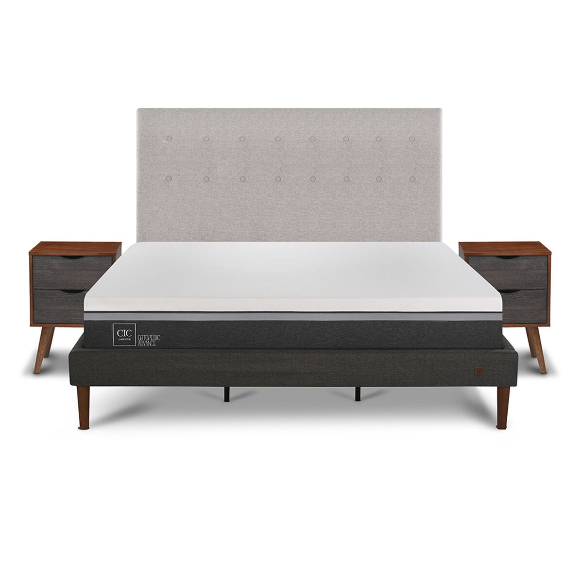 Cama Europea CIC King Ortopedic Advance + Respaldo Tigris + 2 Veladores