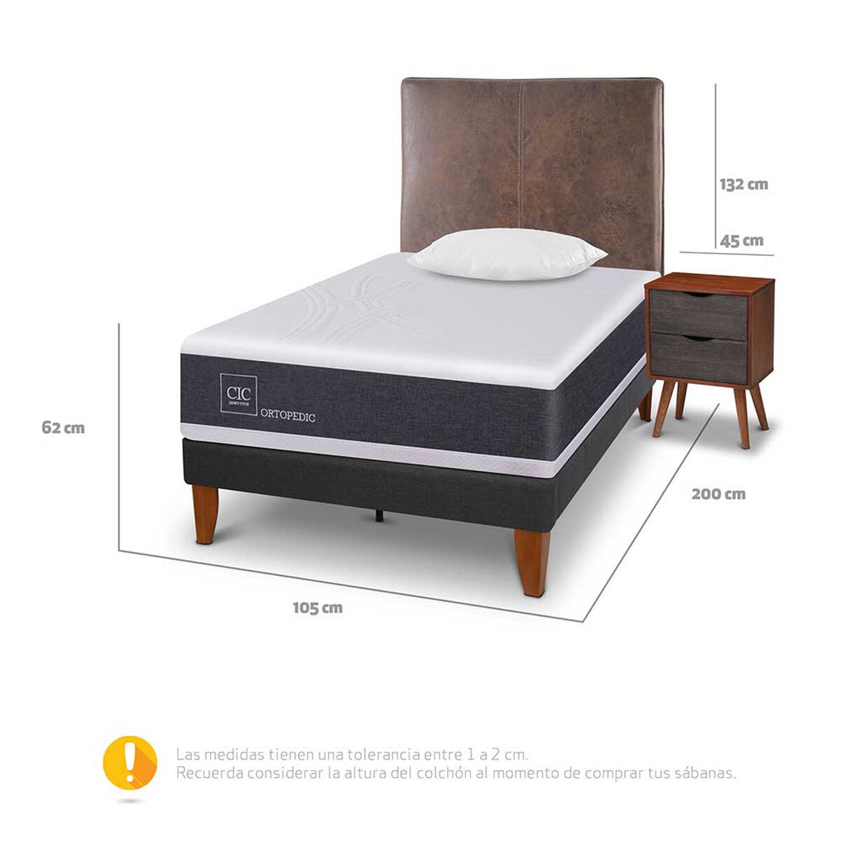 Cama Europea CIC 1,5 Plazas New Ortopedic + Respaldo Baker + Velador + Almohada Viscoel&aacute;stica