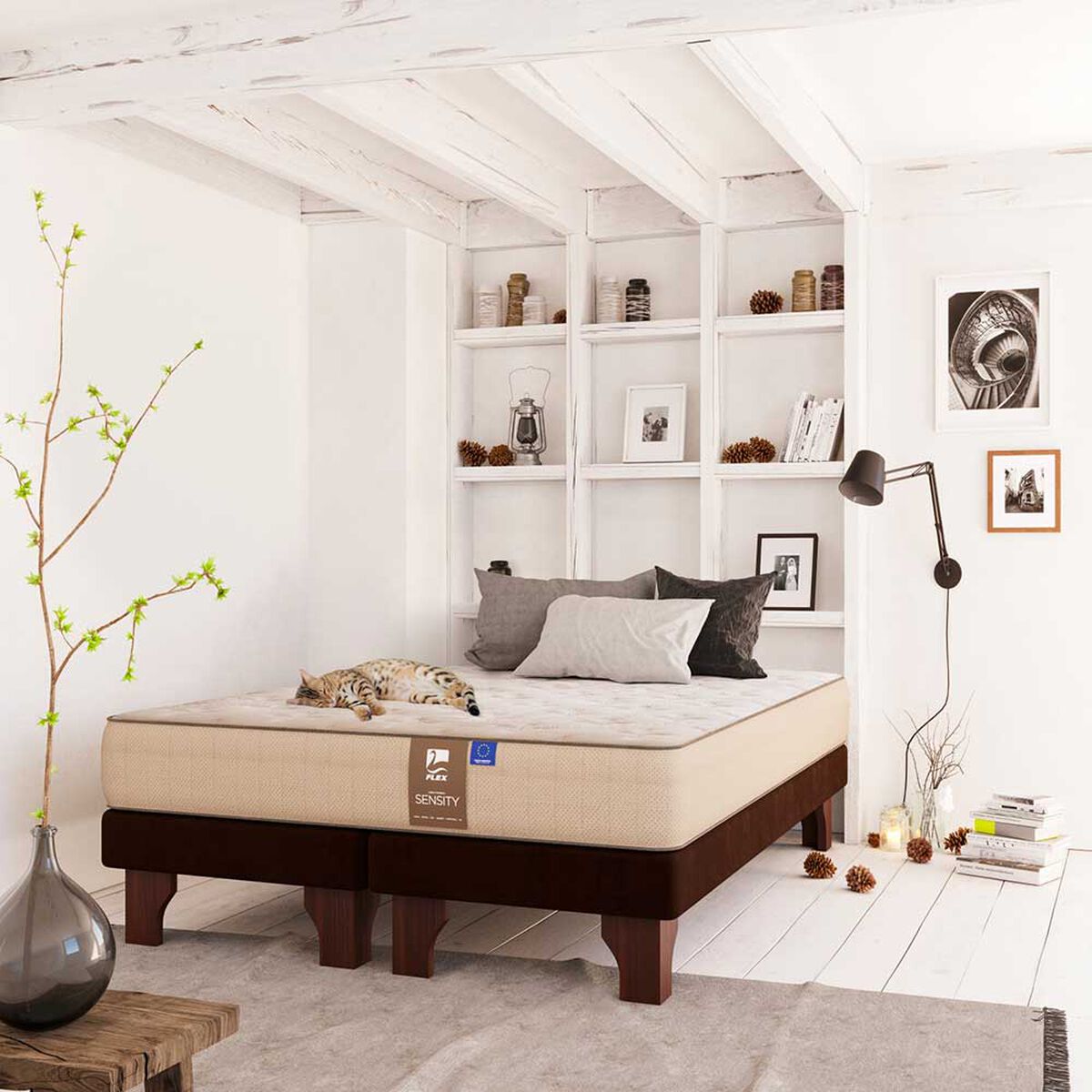 Cama Europea Flex Base Dividida King Dual Sensity + Respaldo Royal + 2 Veladores Atenas