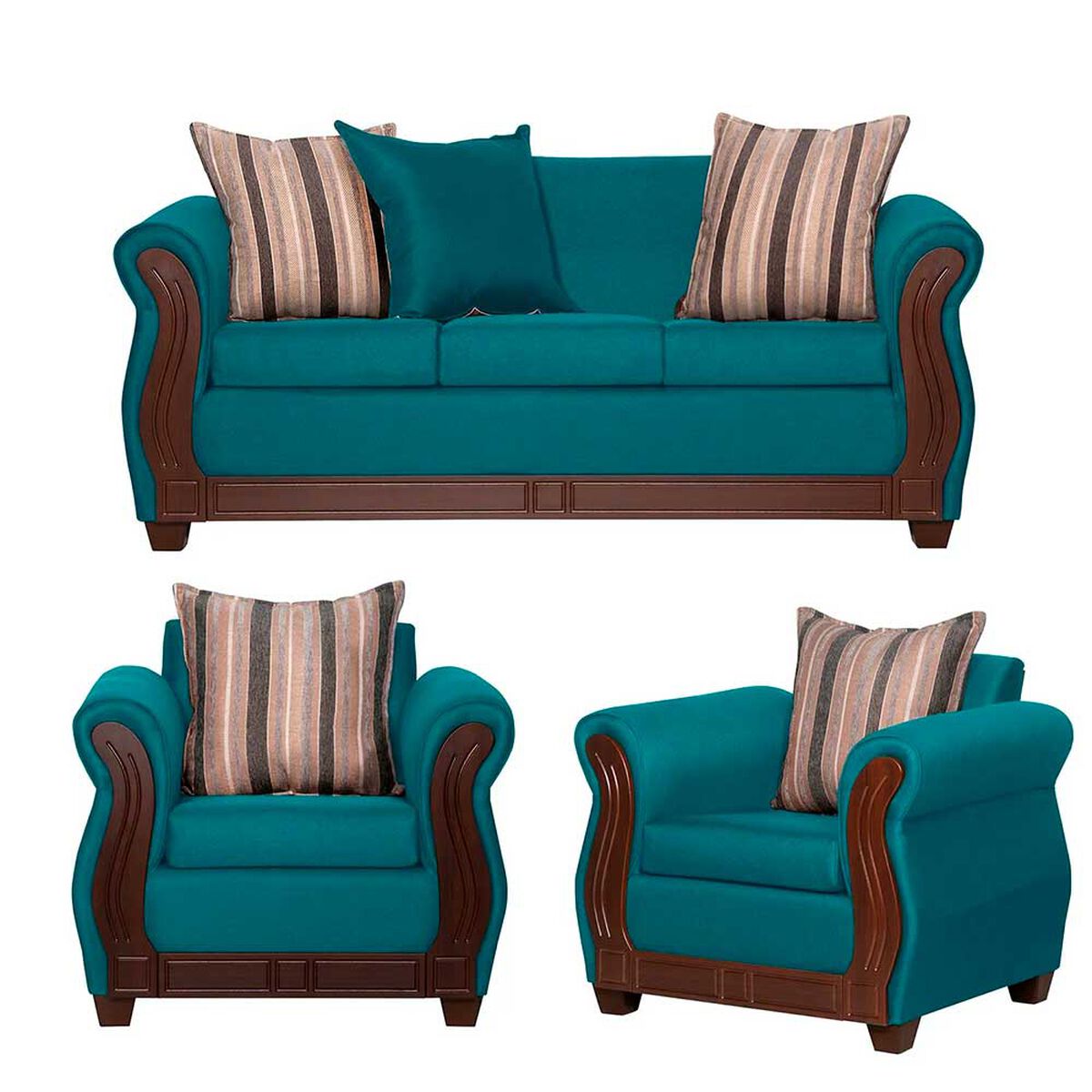 Juego de Living Ruzam Mobel Atenas Sofá 3 Cuerpos + Dos Sillones 1 Cuerpo Lino Turquesa