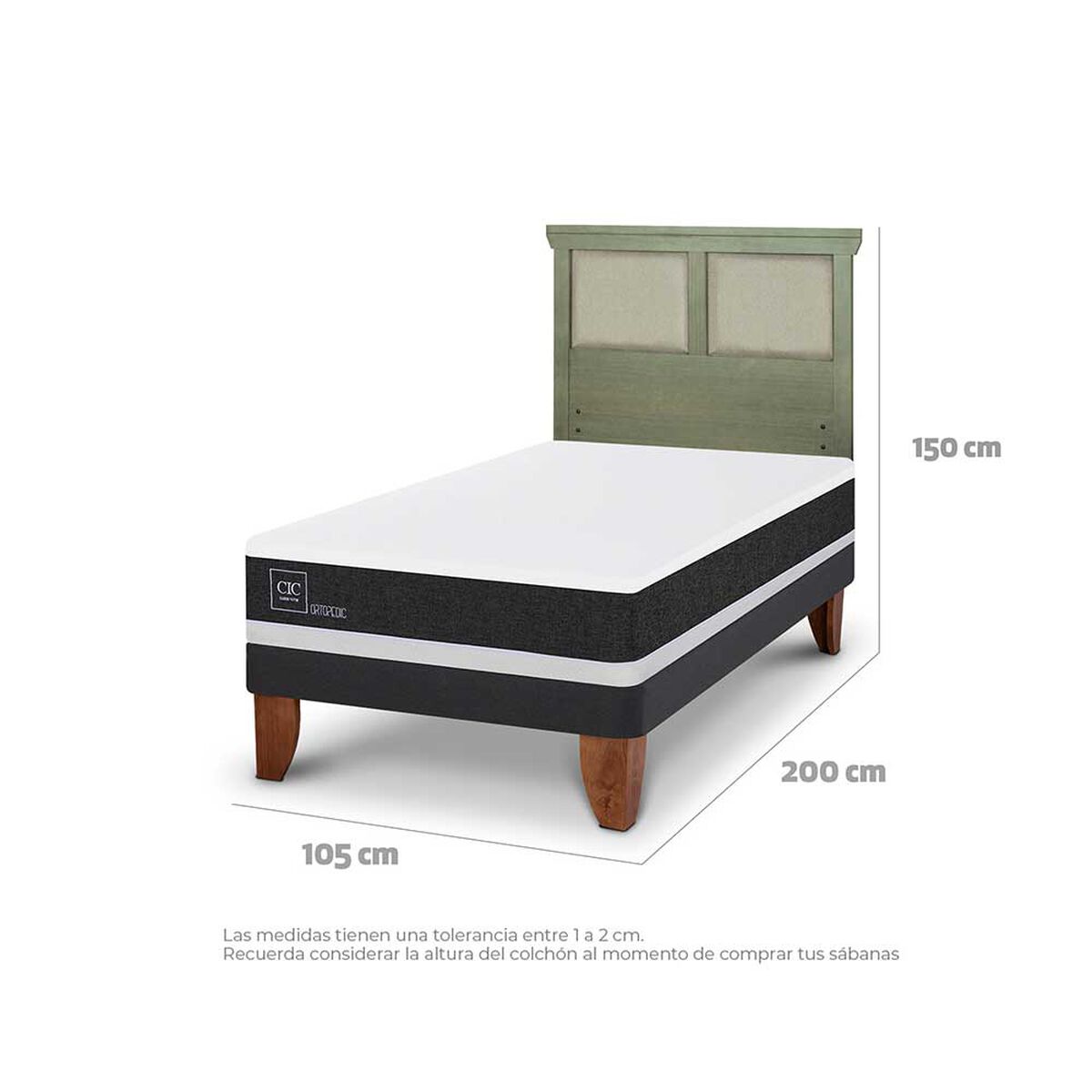 Cama Europea CIC 1,5 Plazas Ortopedic + Respaldo Torino Olivo