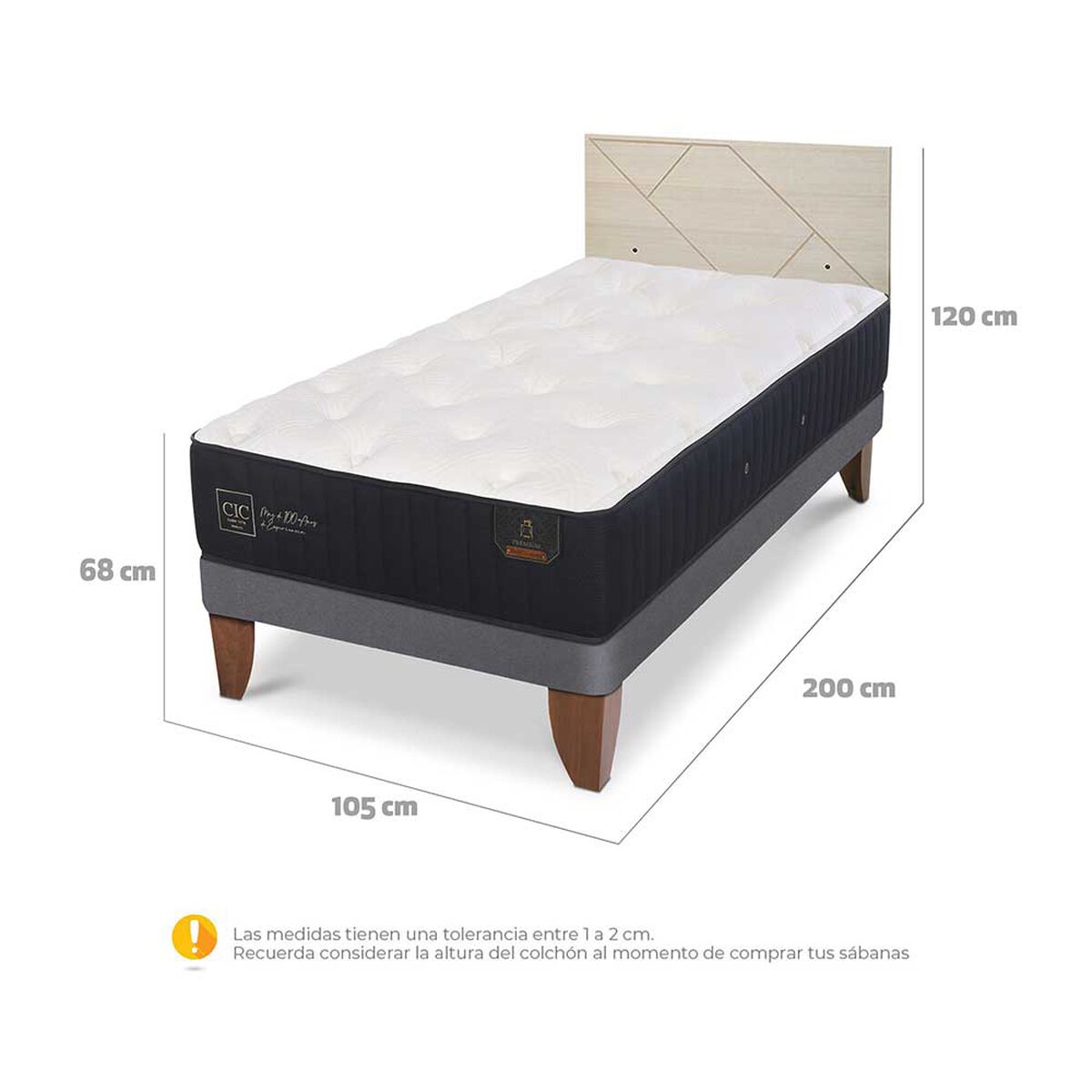 Cama Europea CIC 1,5 Plazas Premium + Respaldo Villarrica Alpino