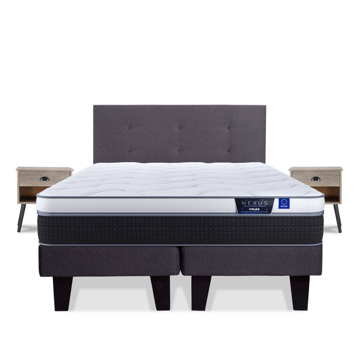 Cama Europea Flex 2 Plazas Nexus Base Dividida + Respaldo Royal Grafito + Veladores Rock