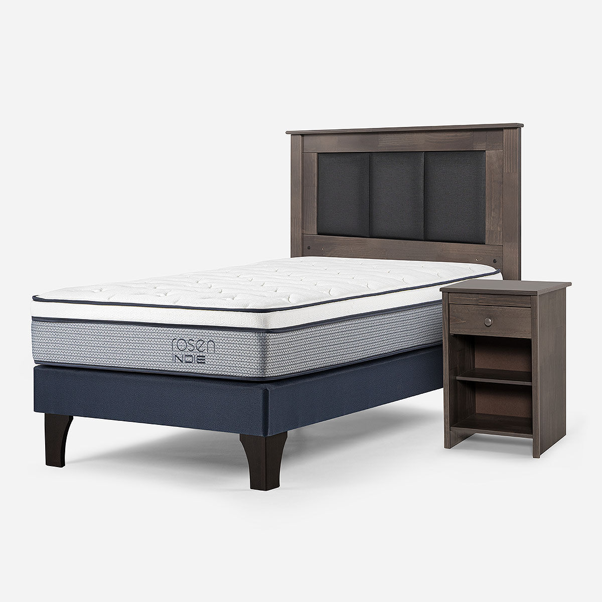 Combo Cama Europea Rosen 1,5 Plazas Indie BN + Respaldo y Veladores Rachel