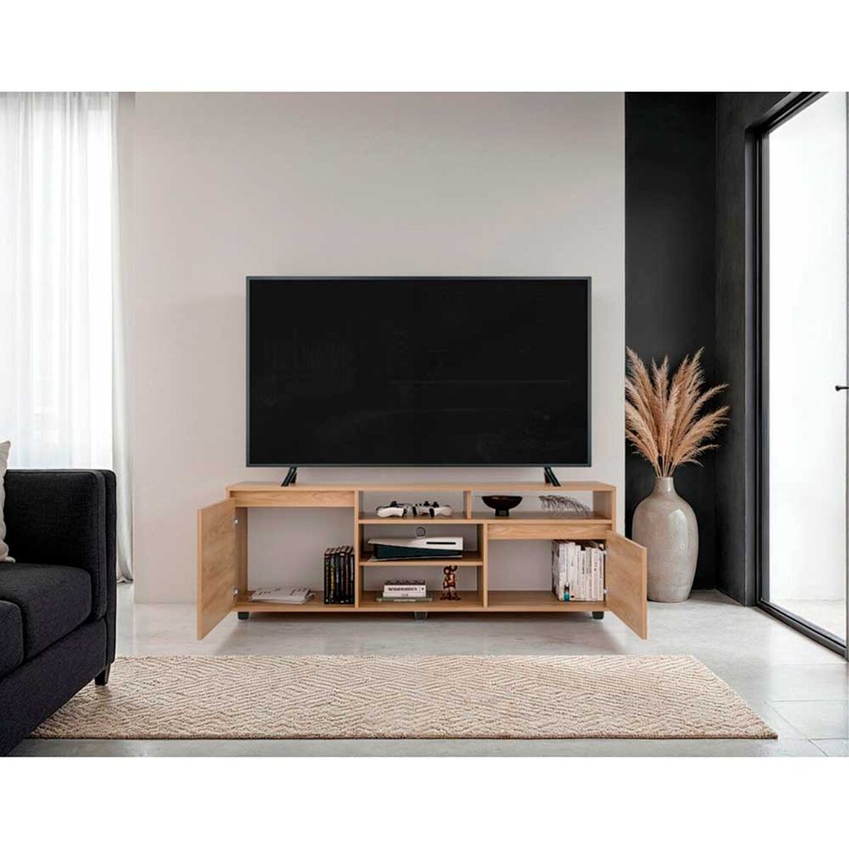 Rack TV Tuhome Pino Hasta 70" 2 Puertas  Fresno Europeo