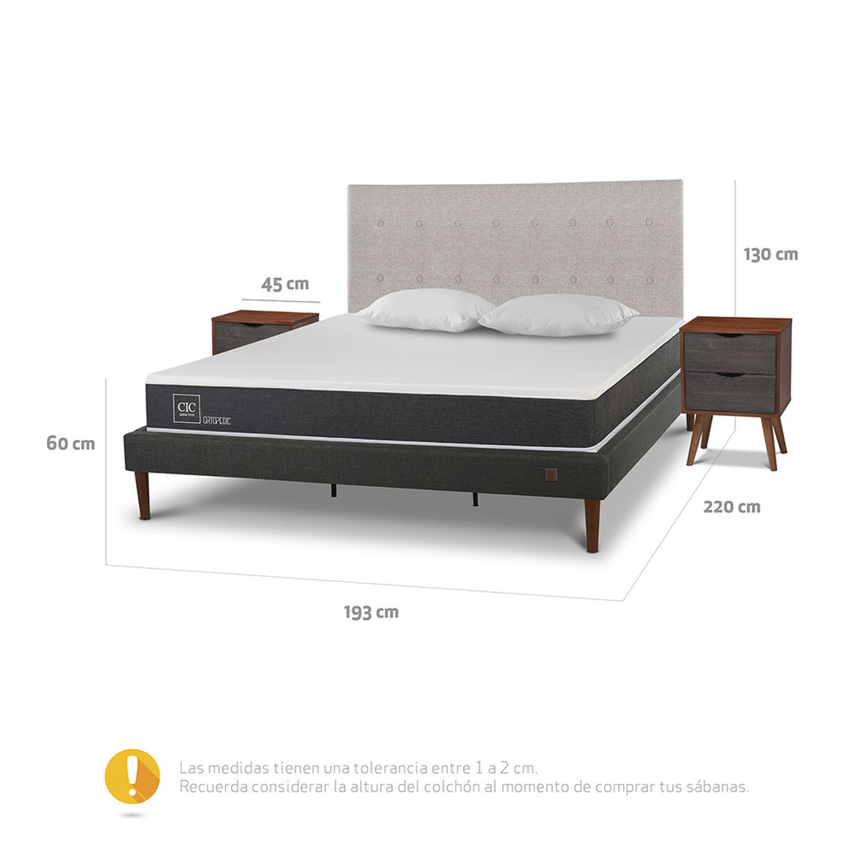 Cama Europea CIC King New Ortopedic + Respaldo Tigris + 2 Veladores + Almohadas Viscoel&aacute;sticas