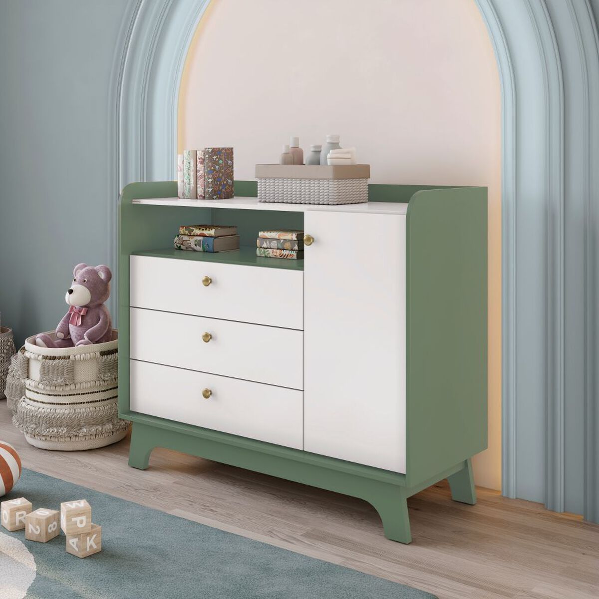 C&oacute;moda Infantil Roca 3 Cajones 1 Puerta Blanco Verde