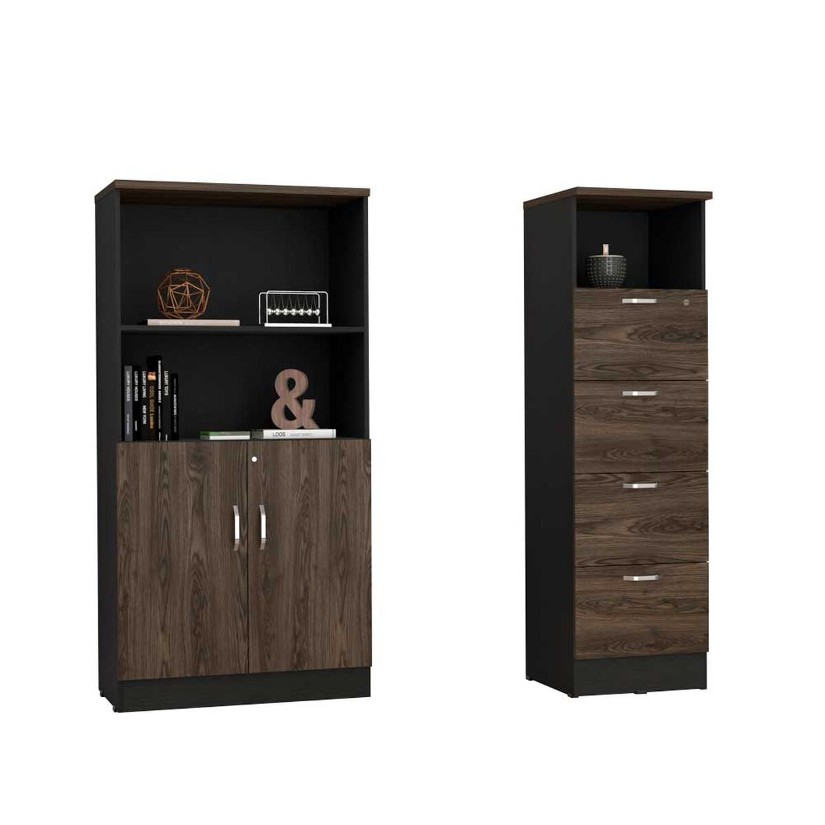 Combo Archivador 4 Cajones + Gabinete 2 Puertas TuHome Home Office Negro Soft-Coñac