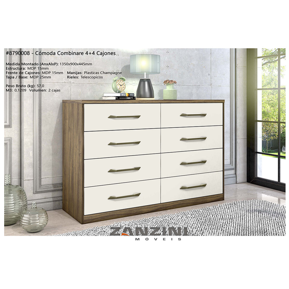 Combo Cama Europea CIC Base Dividida 2 Plazas Balance + C&oacute;moda Casanova Charlotte Nogal 8 Cajones