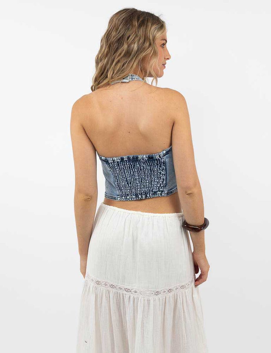 Blusa Crop Denim Sin Mangas Mujer Icono