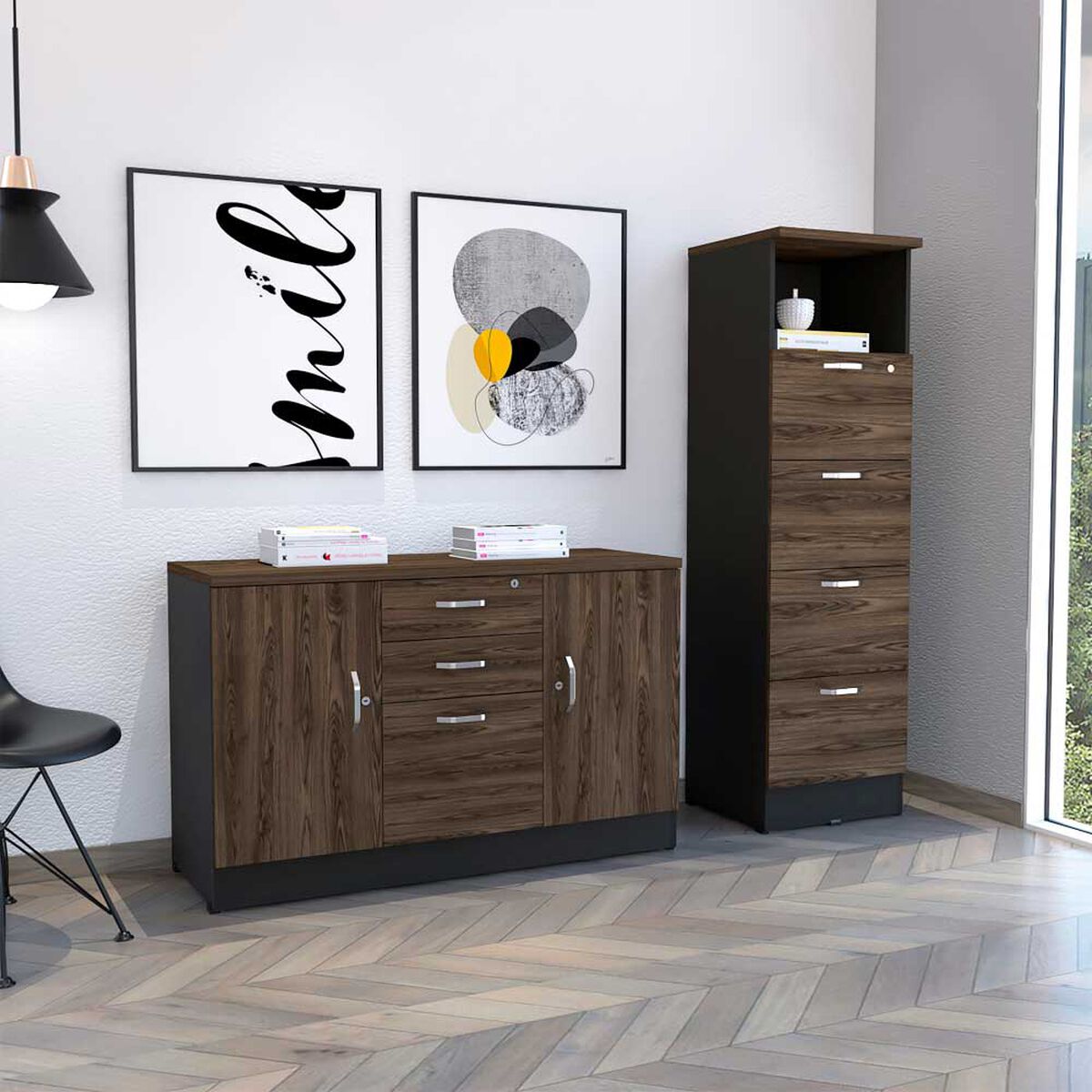 Combo Archivador 4 Cajones + Gabinete 2 Puertas TuHome Home Office Negro Soft-Coñac