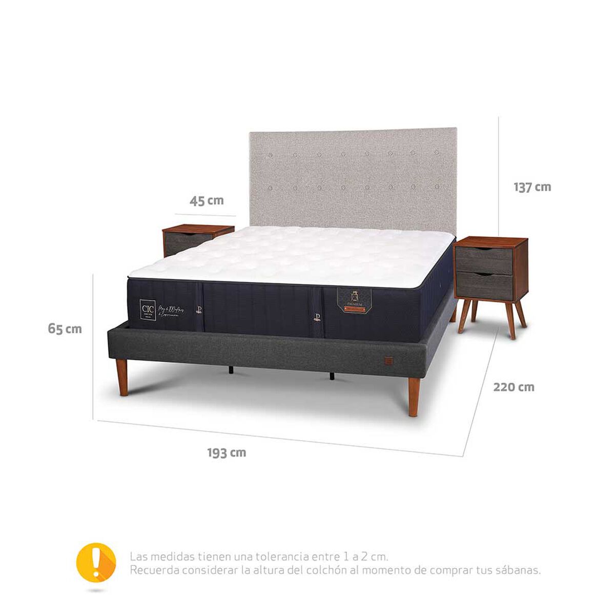 Cama Europea CIC King Premium + Respaldo + Veladores