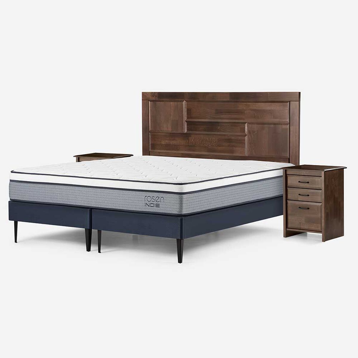 Cama Europea Rosen Base Dividida 2 Plazas Indie + Respaldo + 2 Veladores Dolce