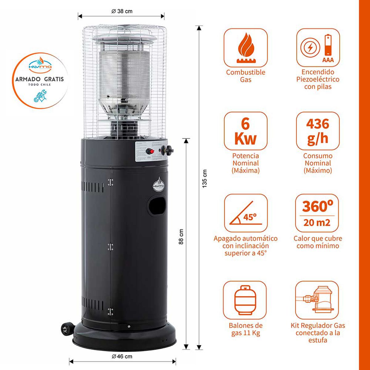 Estufa a Gas Exterior Terraza Klyma Cildro LW Negra 1,35 mts.