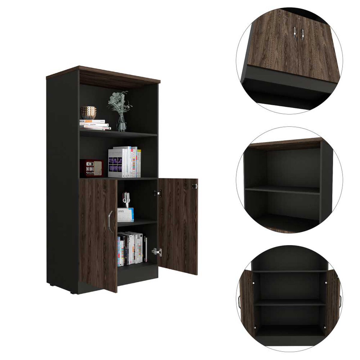 Biblioteca TuHome Home Office 2 Puertas Negro Soft Coñac