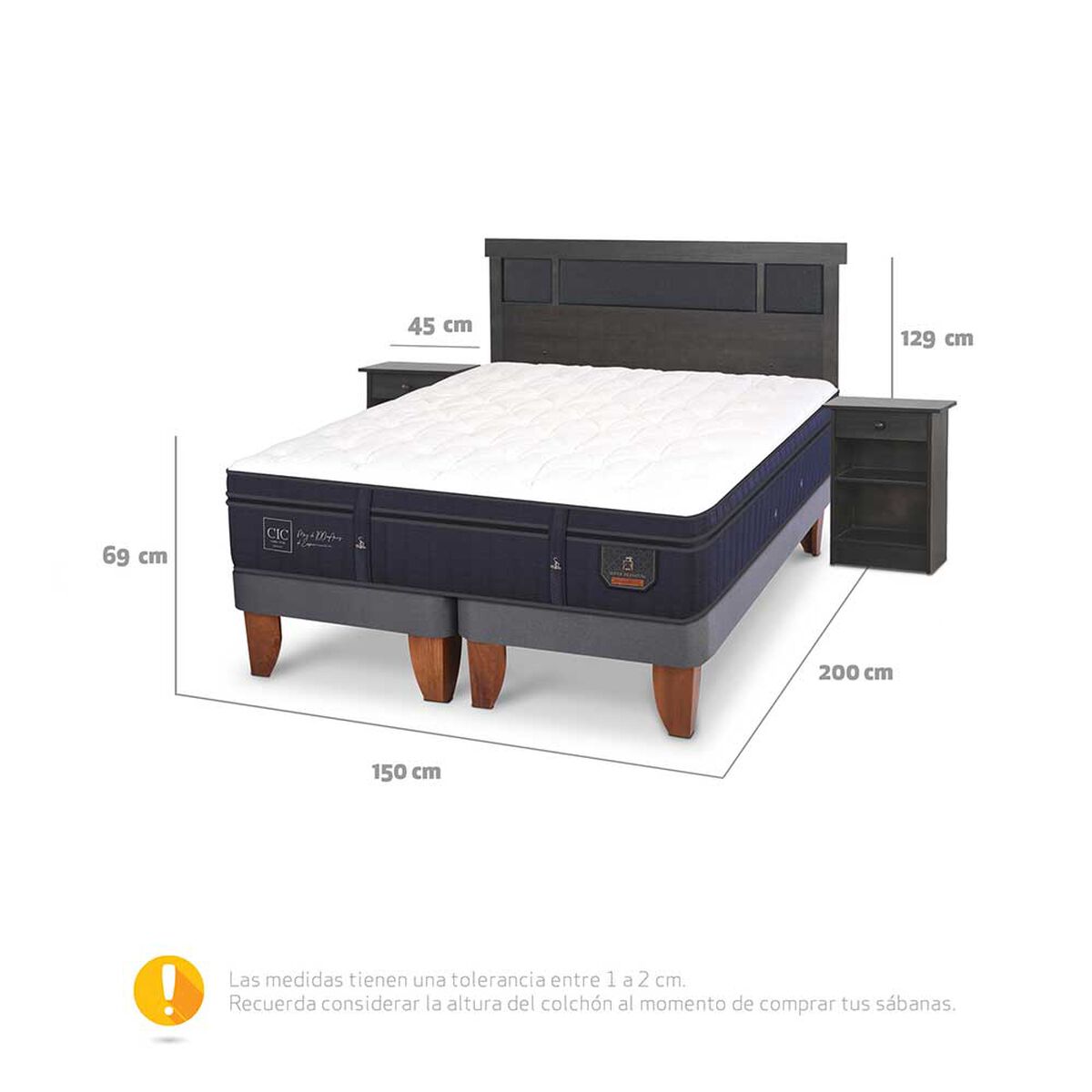 Cama Europea CIC Base Dividida 2 Plazas Súper Premium + Respaldo + 2 Veladores Dublin