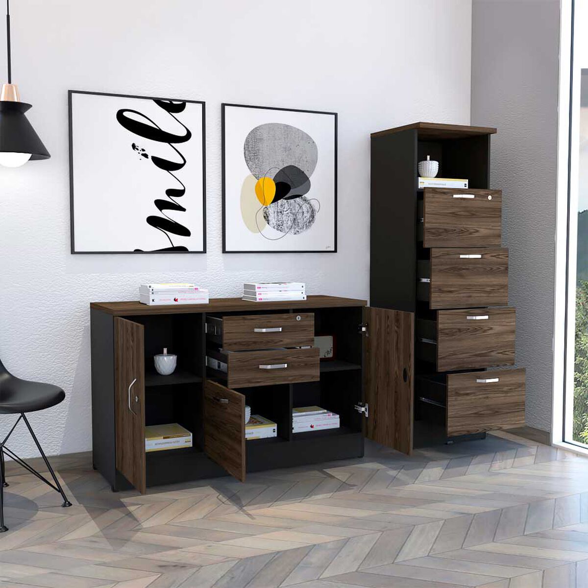 Combo Archivador 4 Cajones + Gabinete 2 Puertas TuHome Home Office Negro Soft-Coñac