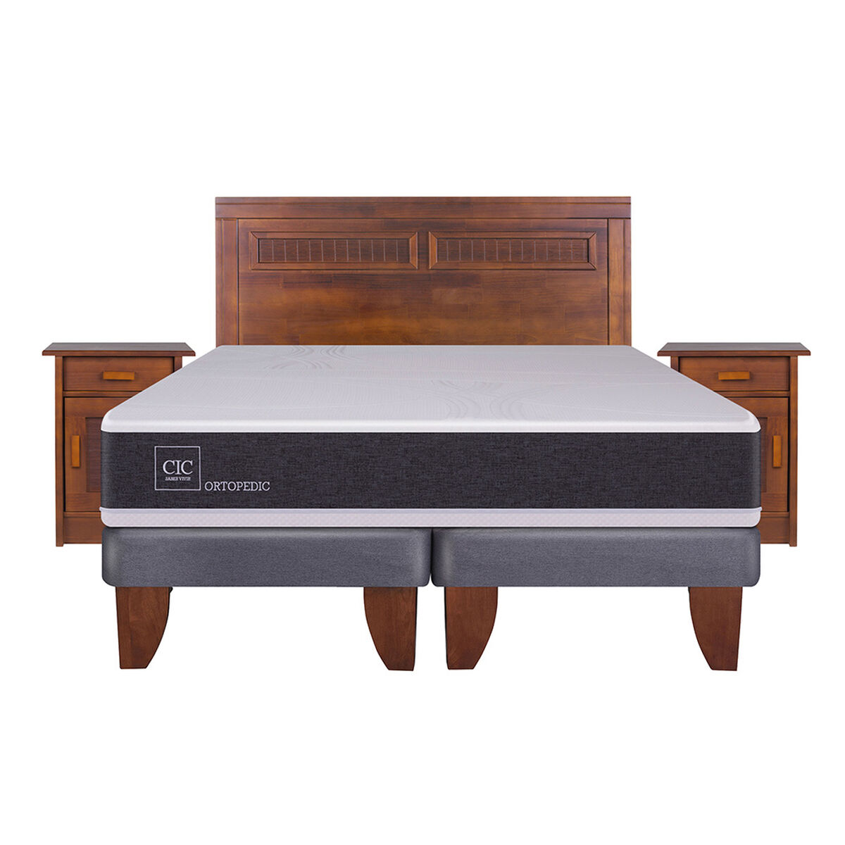Cama Europea CIC Base Dividida King Ortopedic + Respaldo + 2 Veladores