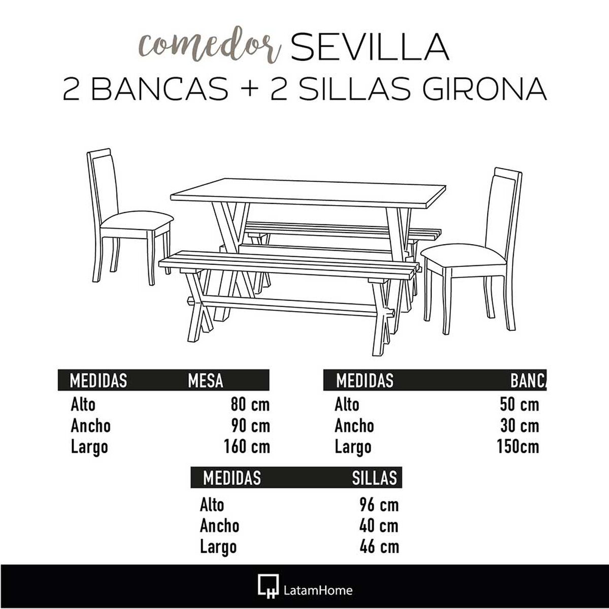 Juego de Comedor Latam Home Sevilla Girona 2 Sillas + 2 Bancas Lino Gris Oscuro