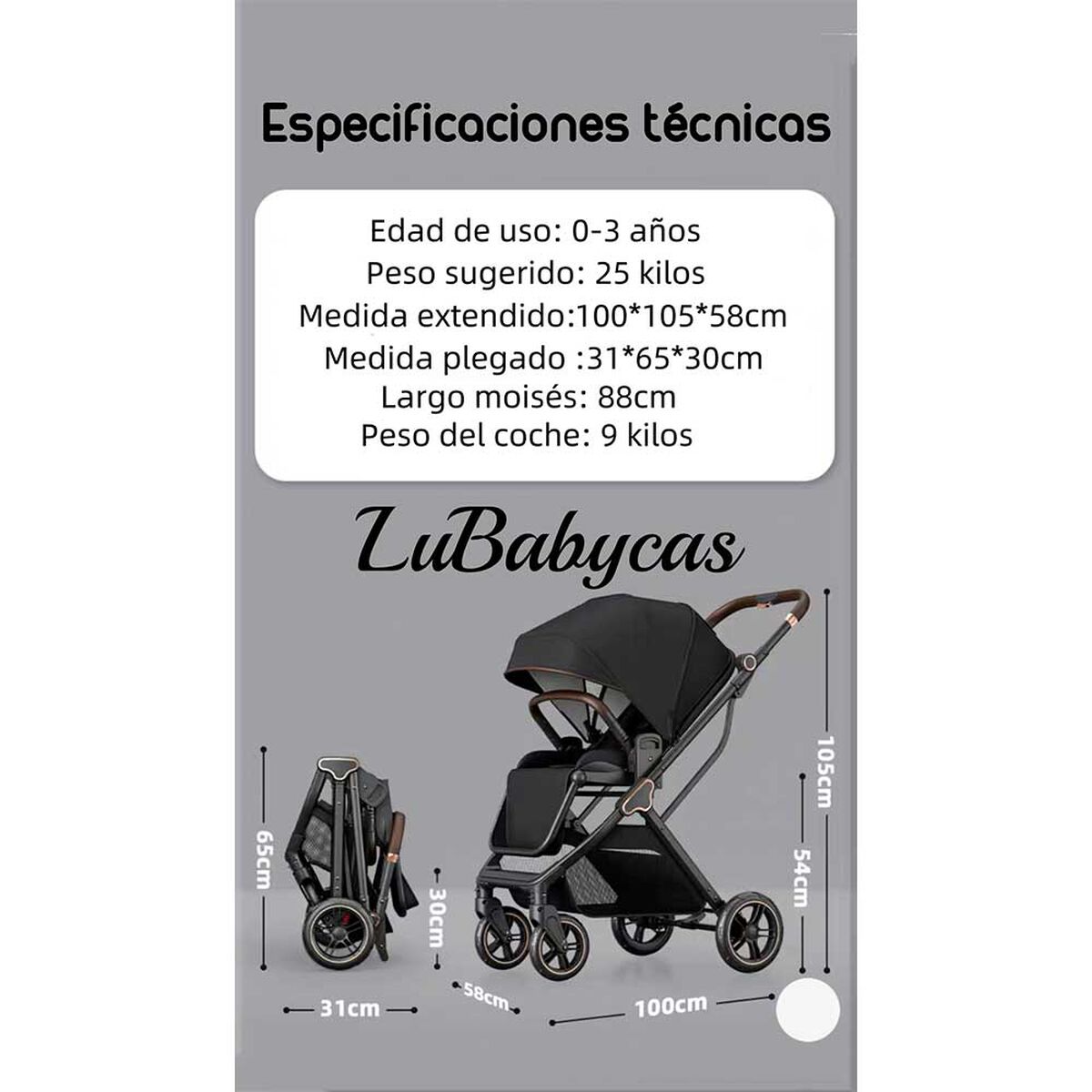 Coche de Paseo Modo Apego y Panorámico Lubabycas Negro
