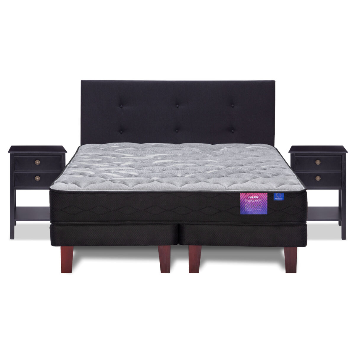 Cama Europea Flex 2 Plazas Therapedic Plus  + Respaldo Royal Negro + 2 Veladores Rover