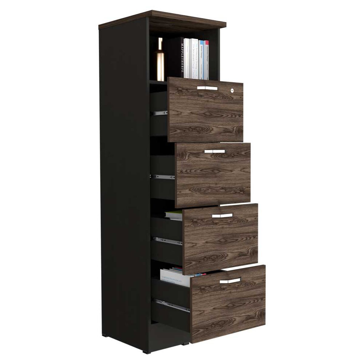 Combo Archivador 4 Cajones + Biblioteca 1 Puerta TuHome Home Office Negro Soft-Co&ntilde;ac