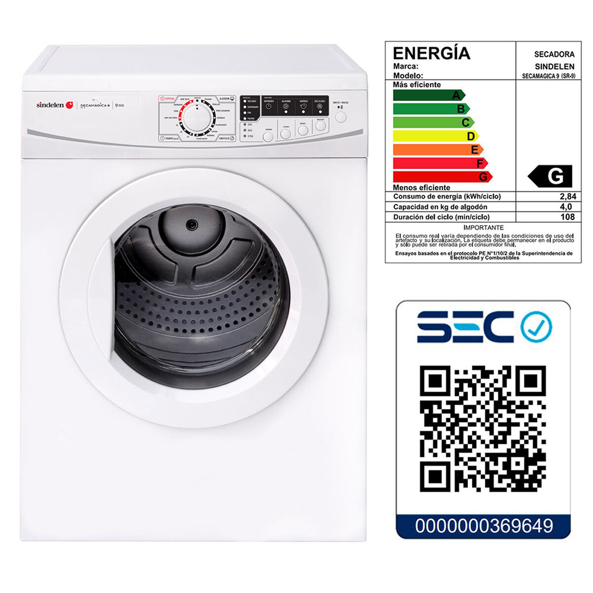 Secadora de Ropa Sindelen SR-9BL 9 kg.