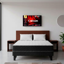 Combo Celta Cama Europea 2 Plazas Cádiz + Smart TV LED 32 Caixun HD Google TV + Respaldo + 2 Veladores Casanova 2 Plazas Nogal + Pack Almohadas Casa Linda Almohadas Blanco