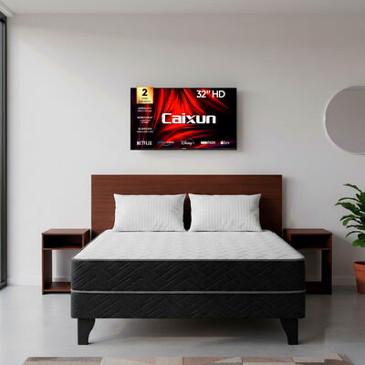Combo Celta Cama Europea 2 Plazas C&aacute;diz + Smart TV LED 32" Caixun HD Google TV + Respaldo + 2 Veladores Casanova 2 Plazas Nogal + Pack Almohadas Casa Linda Almohadas Blanco