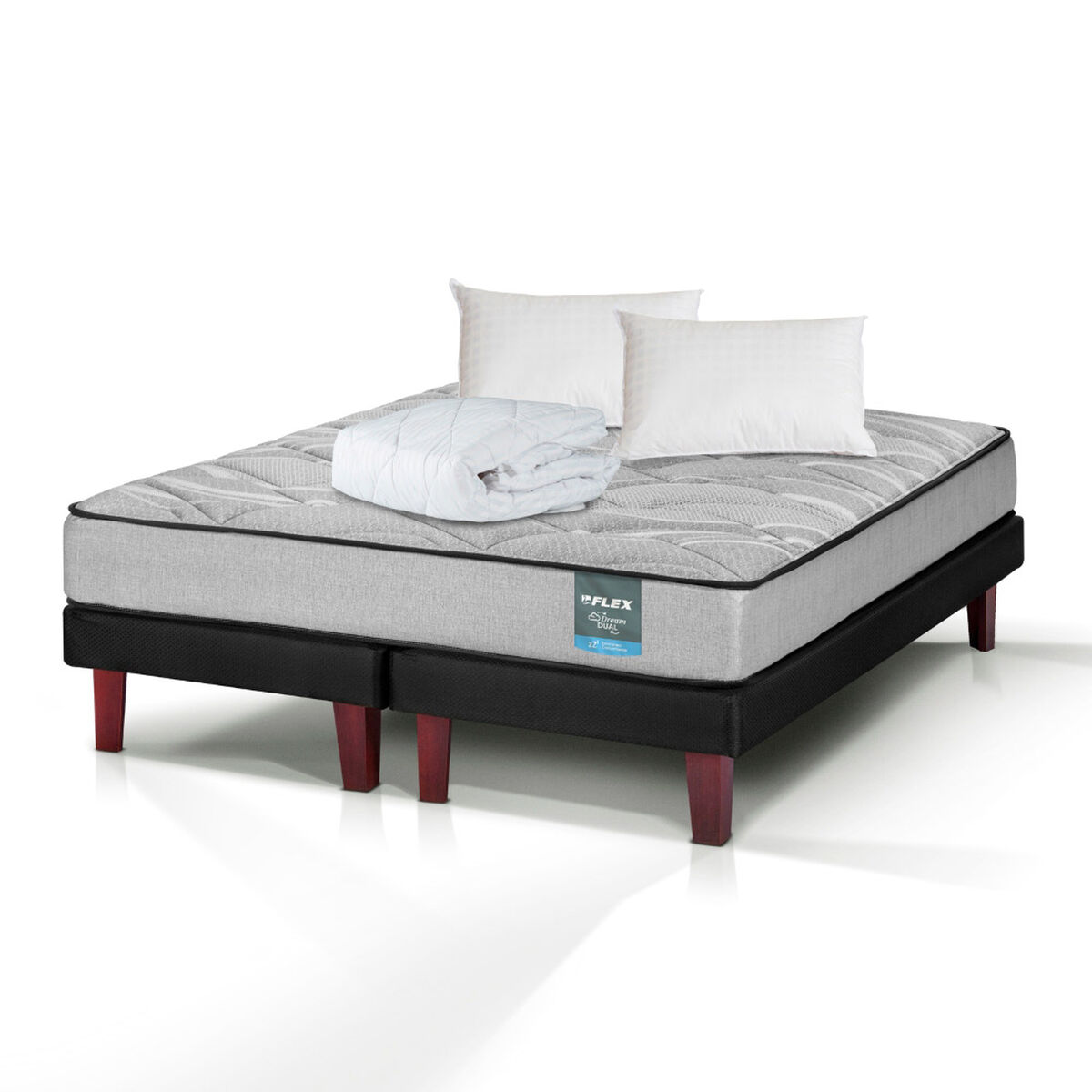 Cama Europea Flex 2 Plazas Dream Dual B/D + 2 Almohada + Cubrecolchon Basico