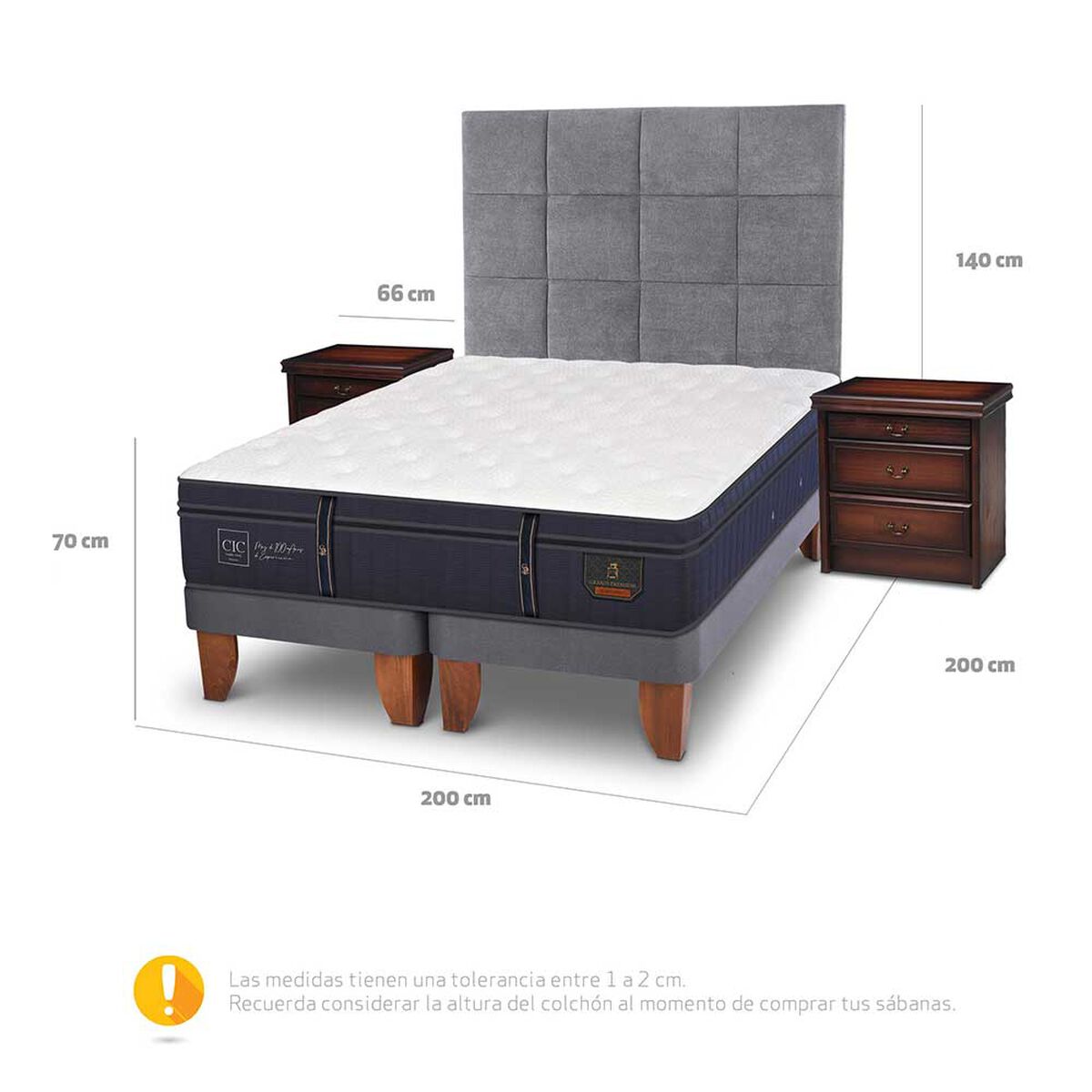 Cama Europea CIC Base Dividida S&uacute;per King Gran Premium + Respaldo + 2 Veladores Tamesis