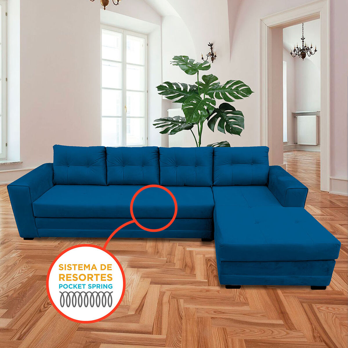 Sofá Seccional Derecho Living Factory Golden 4 Cuerpos Azul Petroleo