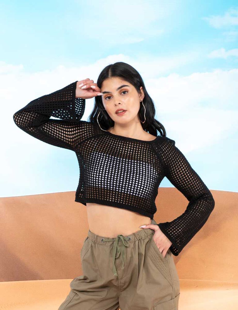 Sweater Tejido Crop Manga Campana Mujer Icono