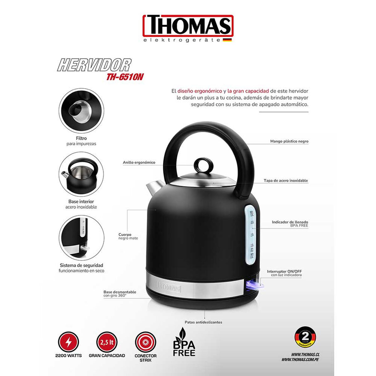 Hervidor Eléctrico Thomas TH-6510N 2,5 lts.