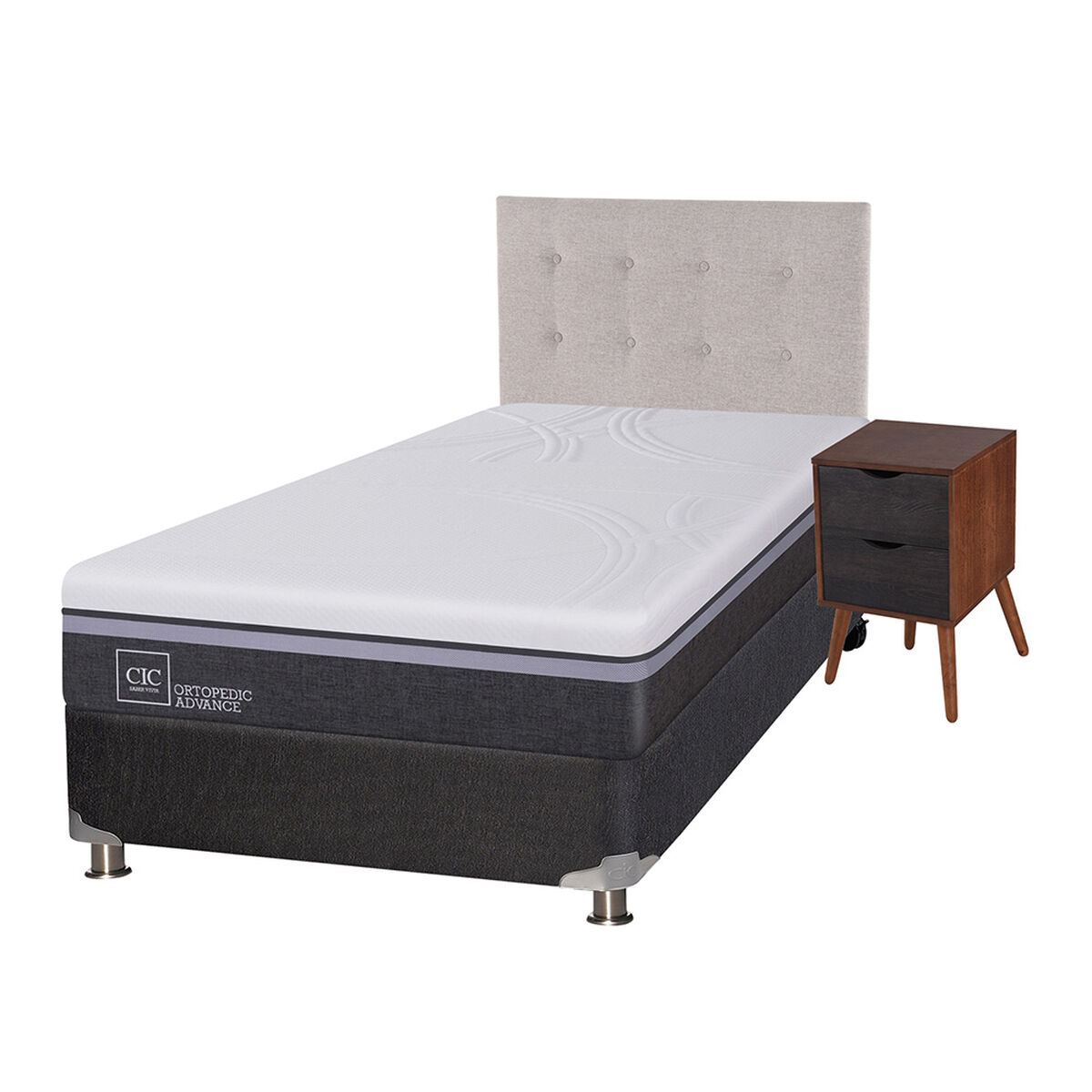 Box Spring CIC 1,5 Plazas Ortopedic Advance + Respaldo + Velador Tigris