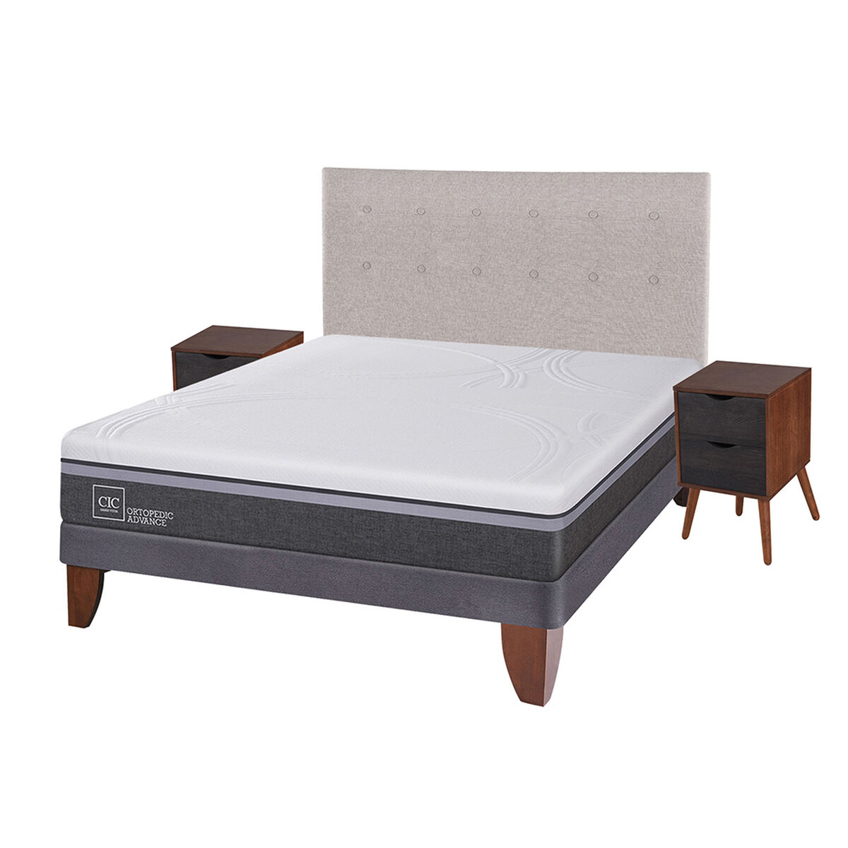 Cama Europea CIC 2 Plazas Ortopedic Advance + Respaldo + 2 Veladores Tigris