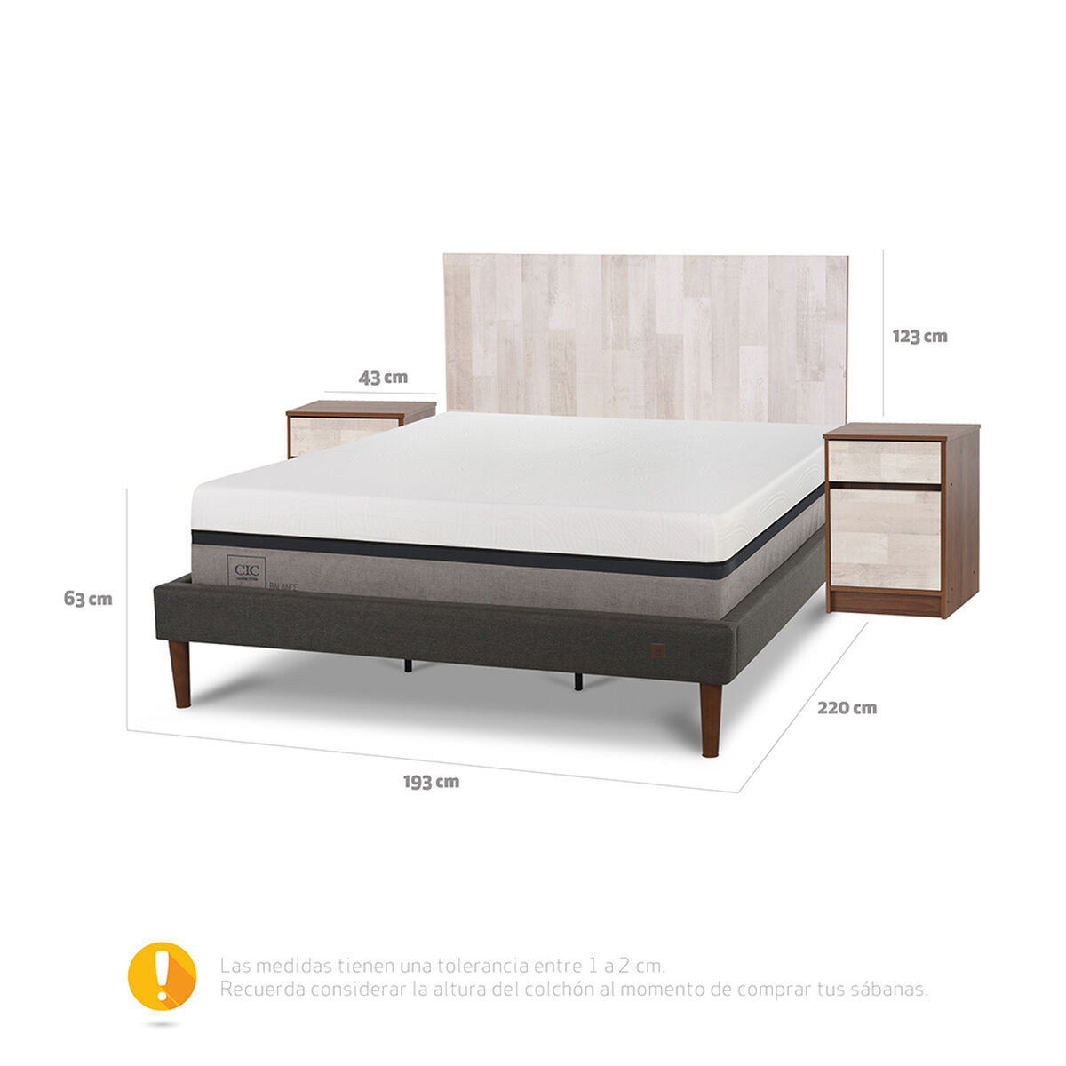 Cama Europea CIC Curve King Balance + Respaldo + 2 Veladores Legno