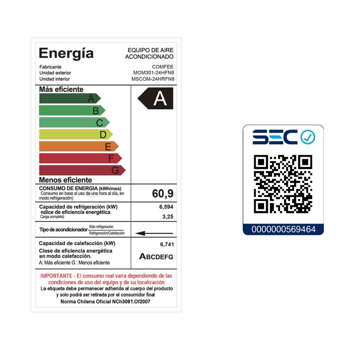 Aire Acondicionado Midea Split Inverter Comfee 24000 BtuH