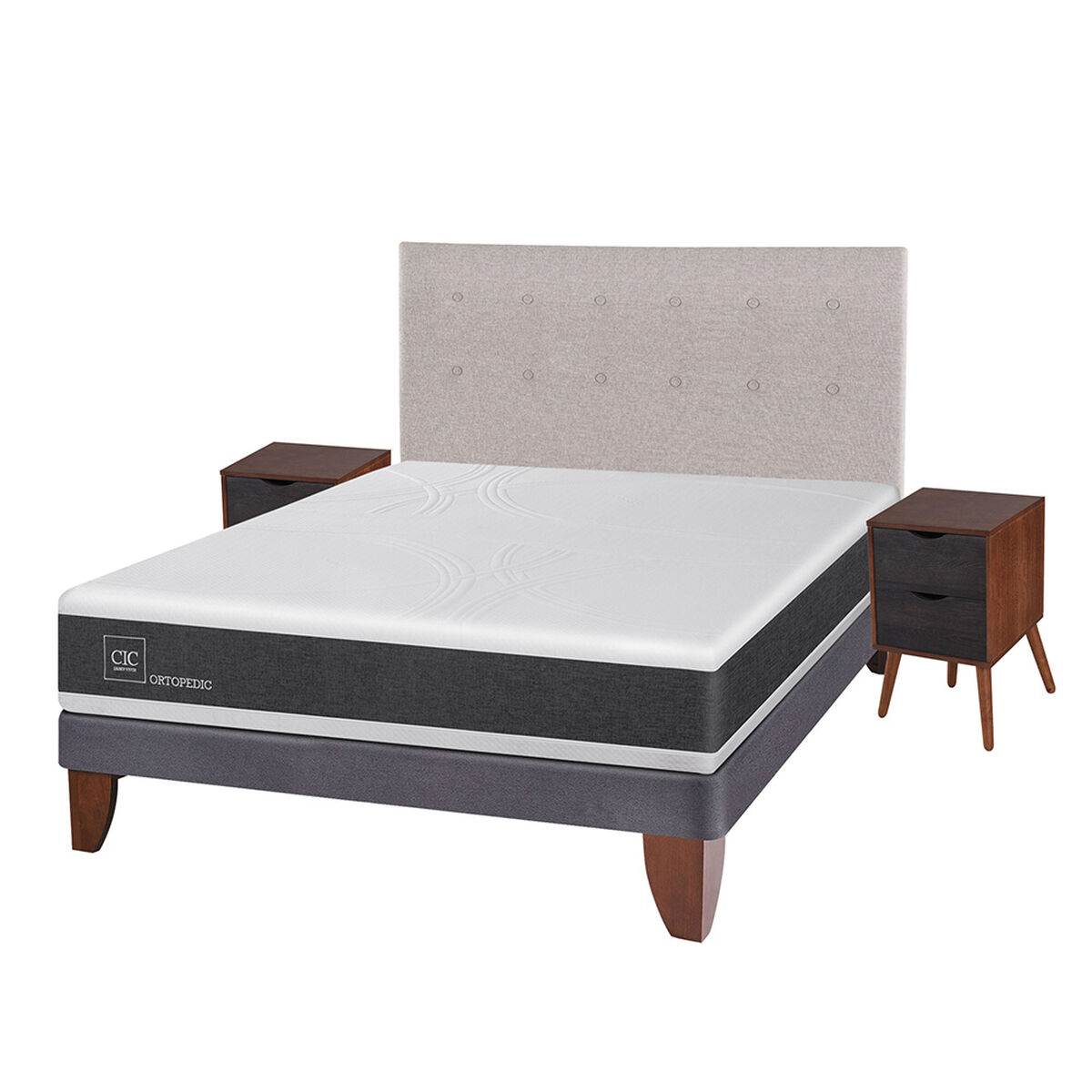 Cama Europea CIC 2 Plazas Ortopedic + Respaldo + 2 Veladores Tigris