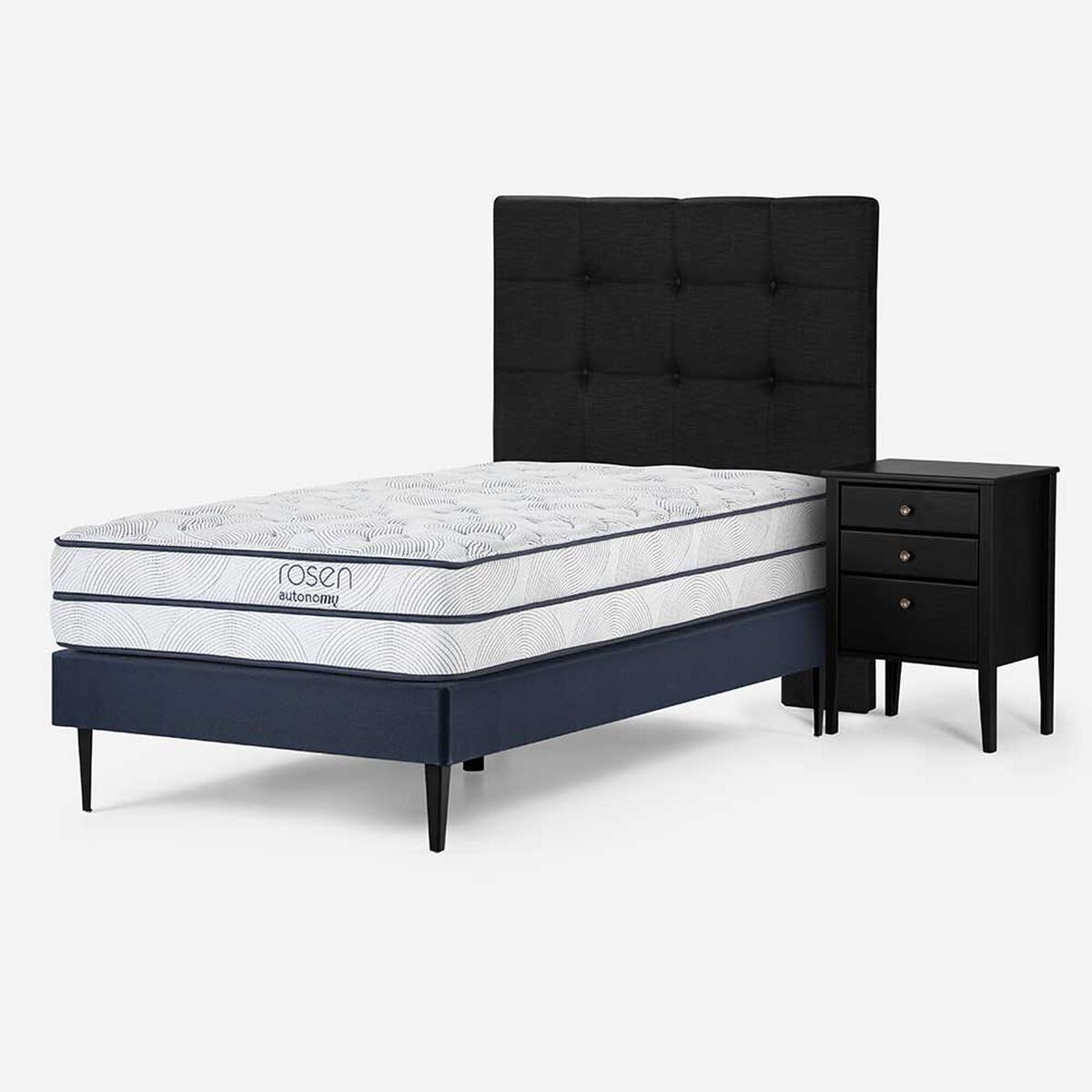 Cama Europea Rosen 1,5 Plazas Autonomy + Respaldo + Velador Issey Grafito