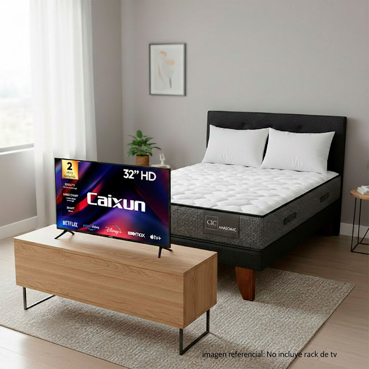 Combo Cama Europea CIC 1,5 Plaza + Respaldo + Pack Almohadas + Smart TV LED 32" Caixun HD