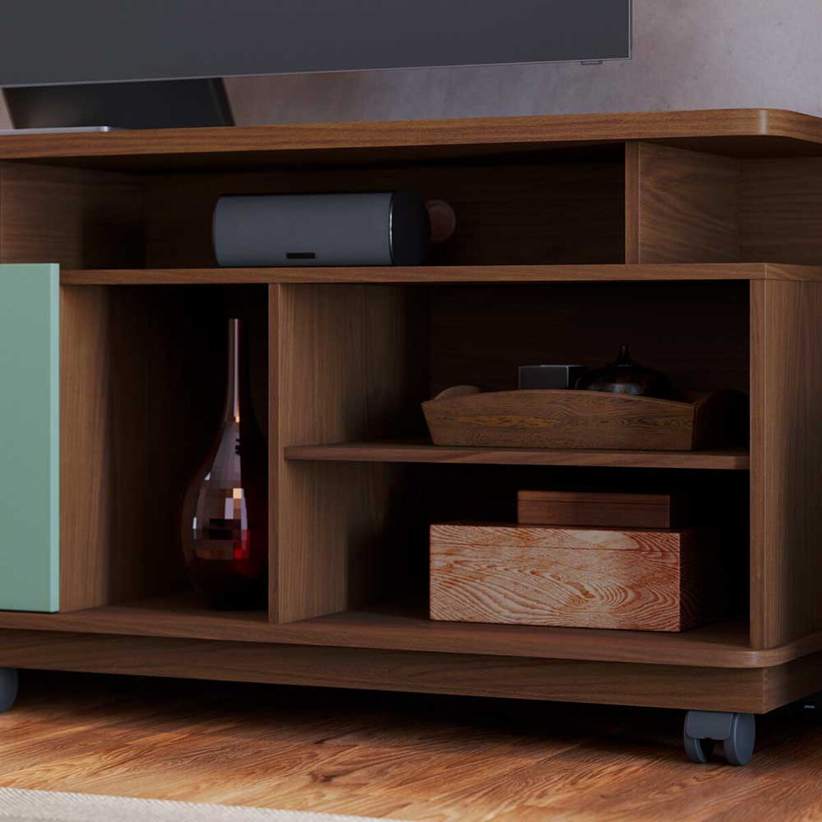 Rack TV Onessta Jurere Rack Hasta 75" Café y Verde
