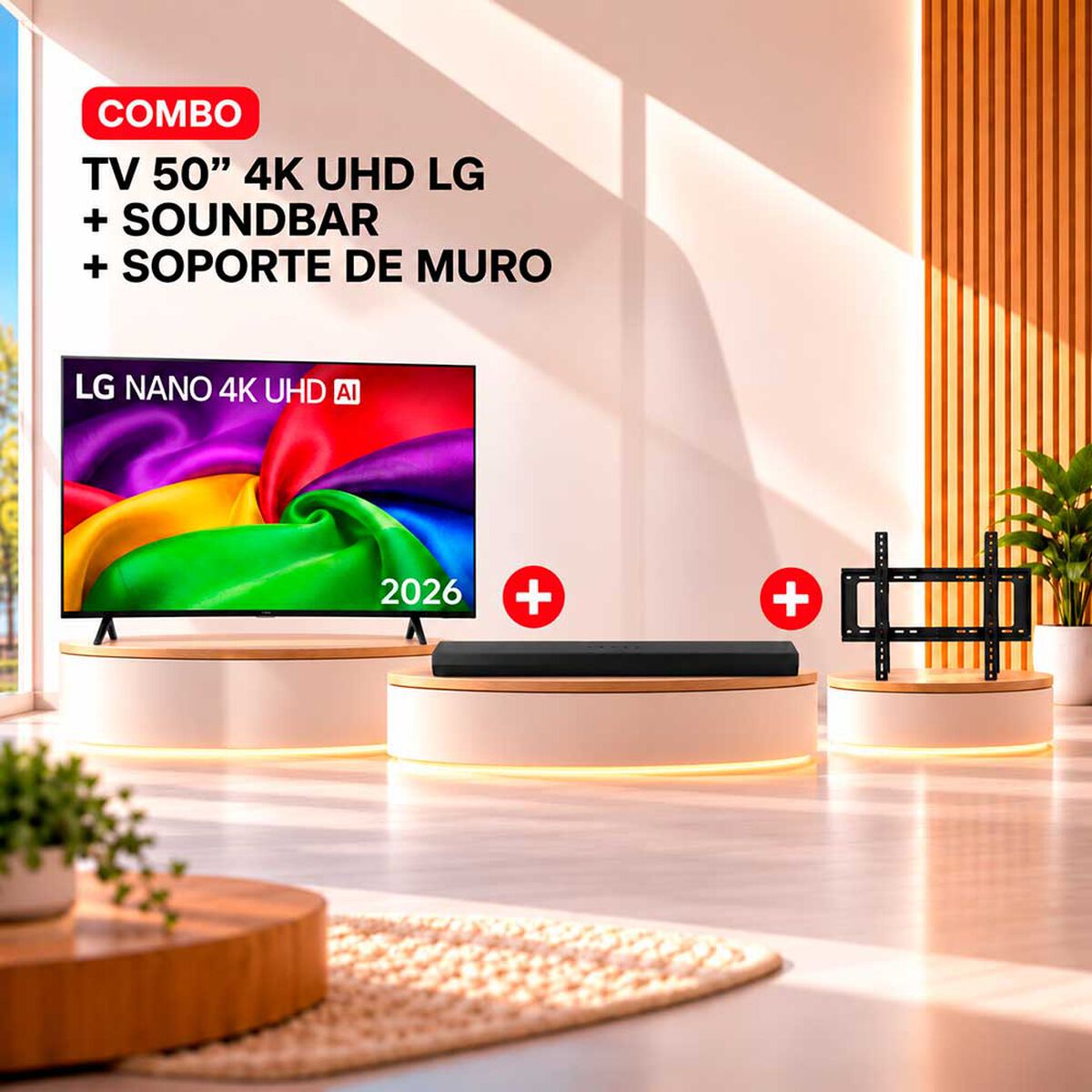 Combo Smart TV 55" LG 4K Ultra HD WebOS 55NU800BPSB + Soundbar LG S20a + Soporte TV Fijo Kioto KT-TF86 Negro