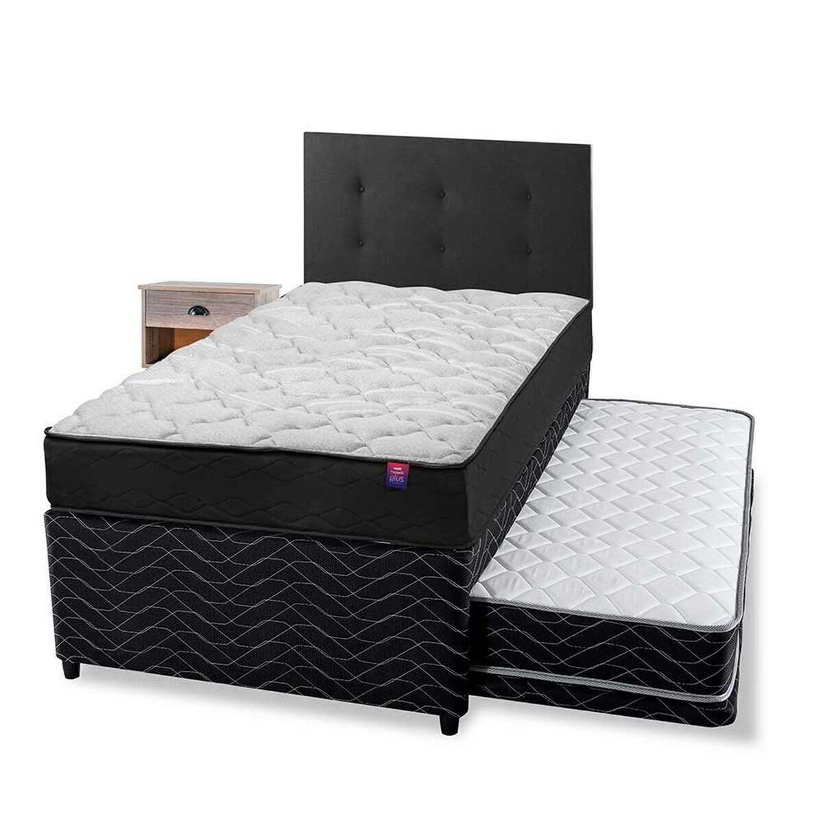 Cama Nido Flex 1,5 Plazas Therapedic Plus + Respaldo Royal + Velador Rock