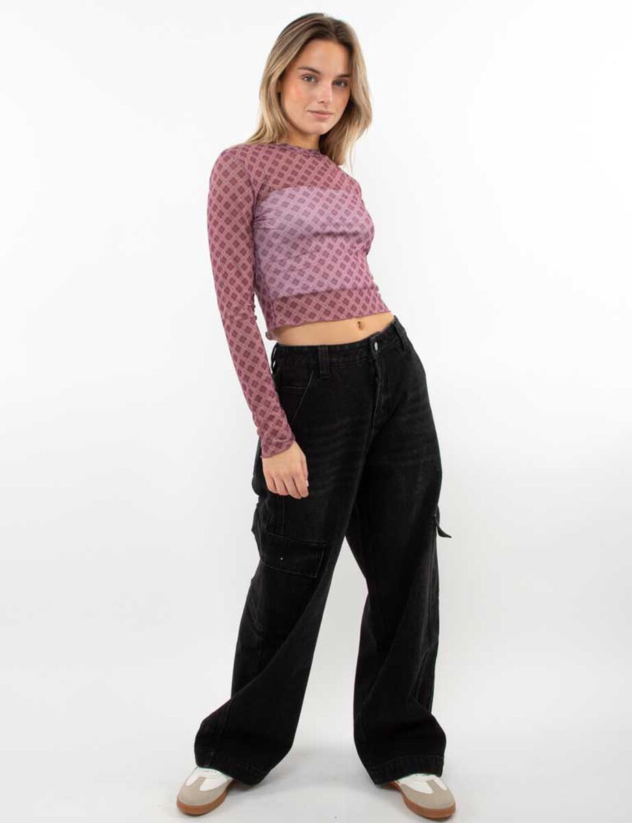 Polera Crop Transparente Estampada Manga Larga Mujer Icono