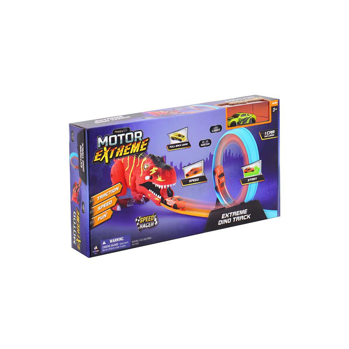 Pista Dinosaurio Luz y Sonido, 1 Auto Pull Back Diseños Surtidos  Happy Line